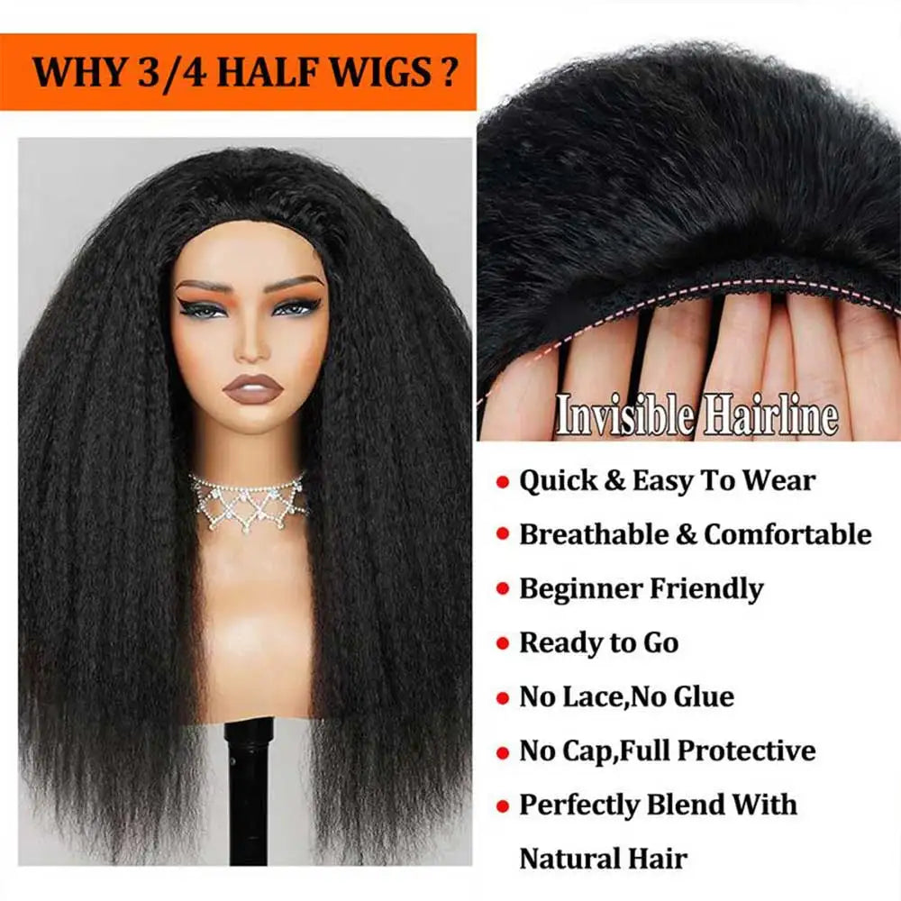 Half Wigs Human Hair Kinky Straight 3 In 1 Human Hair Wig Seamless Flip Over Half Wig Beginner Friendly Curly Wigs for Women