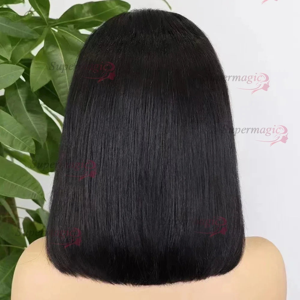 100% Vietnamese Super Double Drawn Bone Straight 13x4 Frontal Bob Wig with Human Hair Natural Black 300% Density For Black Women