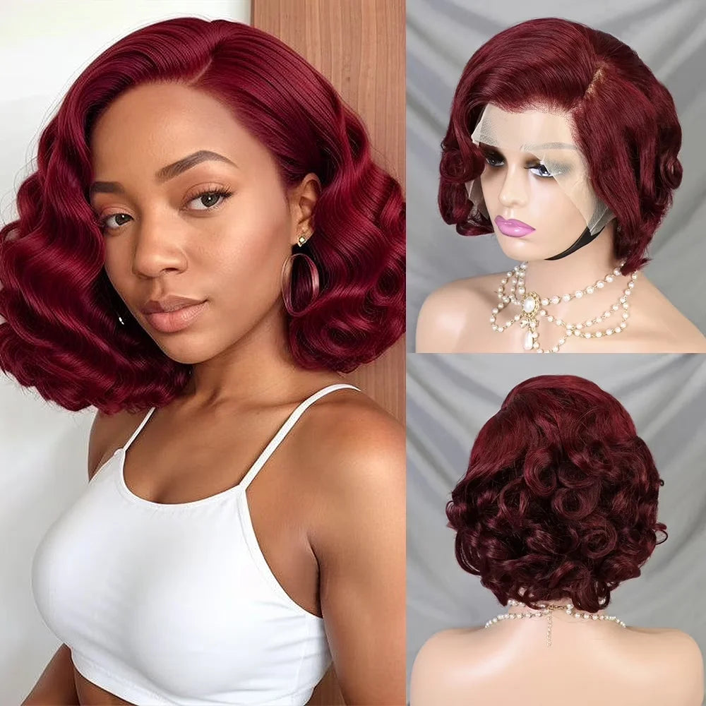Brazilian 230% 99J Bouncy Curly Bob 13x4 HD Lace Front Human Hair Wigs 99J Burgundy Body Wave Bob Wig Short Curly Human Hair Wig