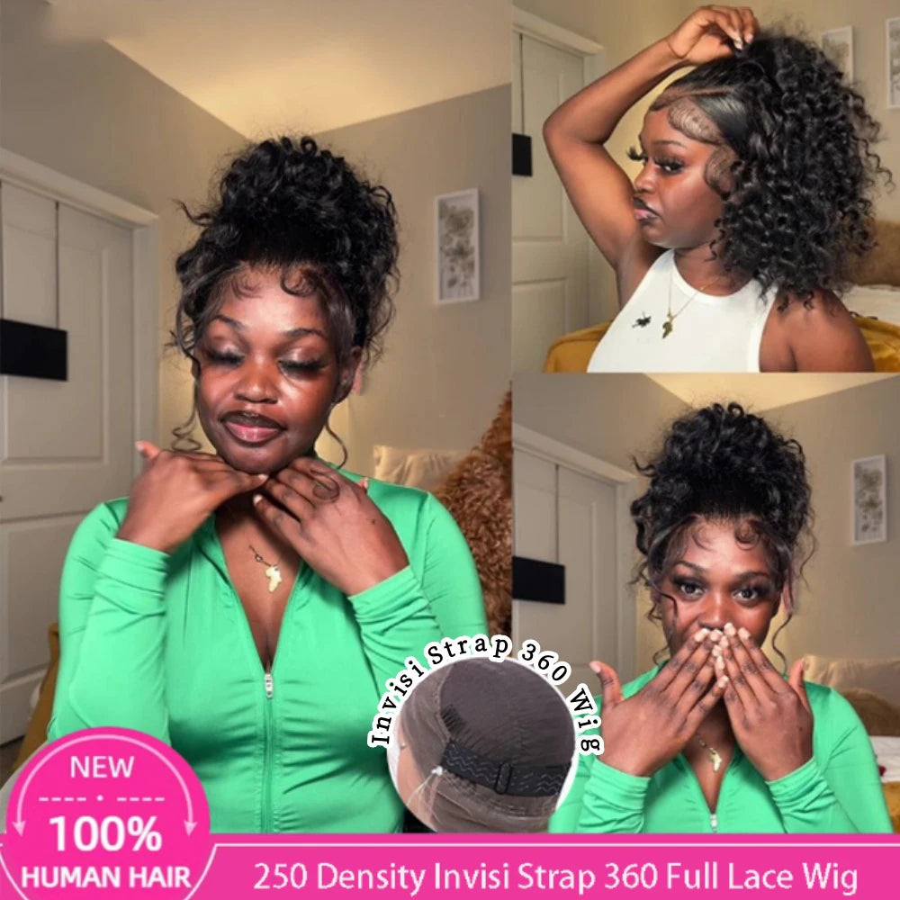 250 Density Hidden Strap 360 Full Lace Front Wig Human Hair Pre Cut Invisible Strap Deep Wave 360 Glueless Wigs with Drawstring
