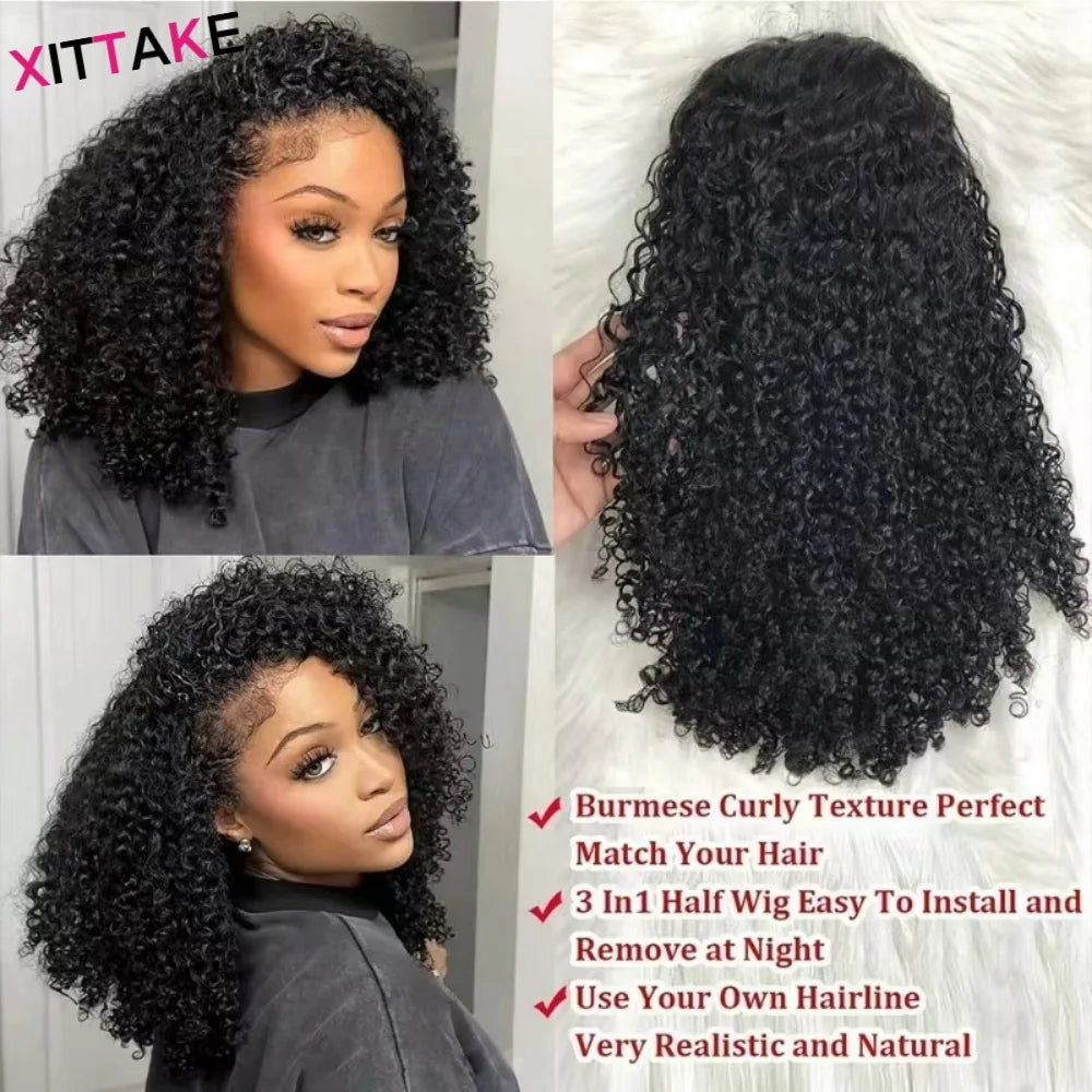 Afro Kinky Curly Half Wigs Glueless Human Hair Upgrade Wear & Go Half Wig With Drawstring Seamless Clip Ins Flip Over Curly wigs