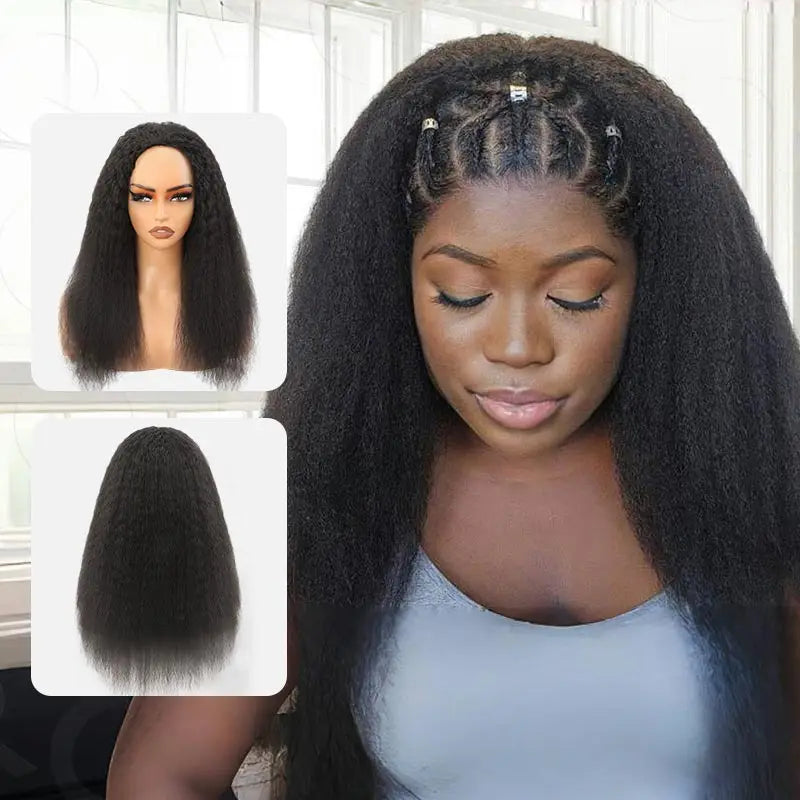 VSHOW Invisible Hairline 3 IN 1 Half Wig Yaki Kinky Straight Flip Over Elastic Drawstring Glueless Human Hair Wig For Beginner