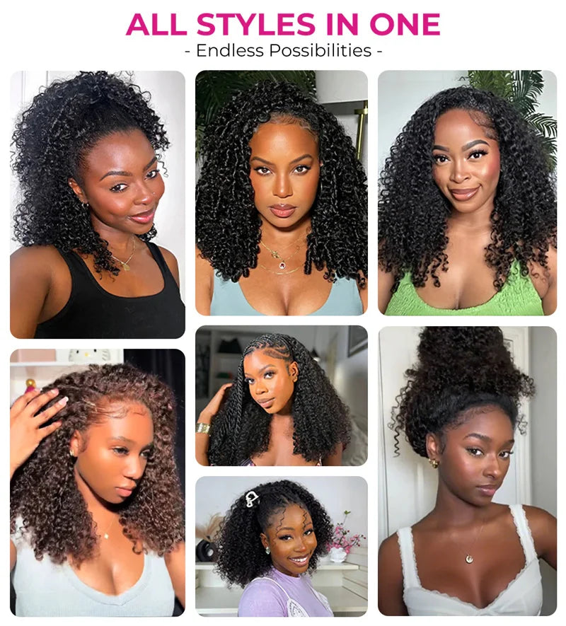 VSHOW Invisible Hairline 3 IN 1 Half Wig Yaki Kinky Straight Flip Over Elastic Drawstring Glueless Human Hair Wig For Beginner