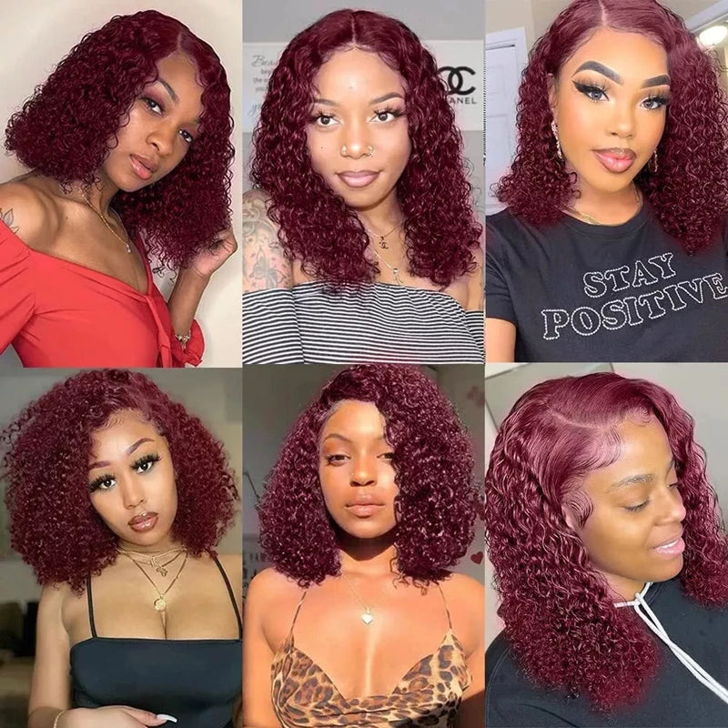Short Curly Bob Lace Wigs 100% Human Hair 13x4 200% Density Lace Curly Wigs For Women 99J Red Deep Wave Wigs Pre Plucked