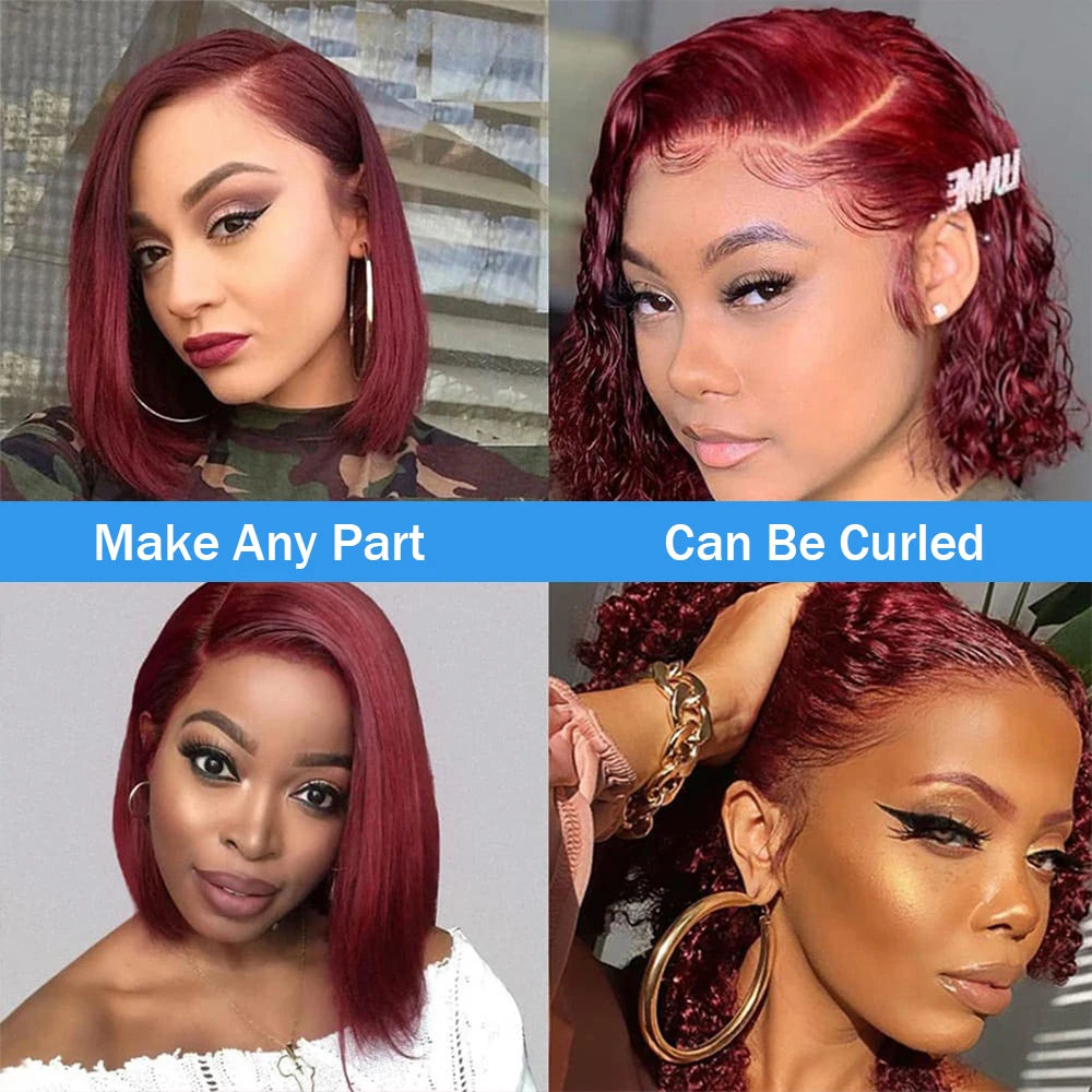 99J Burgundy Straight 13x4 Lace Frontal Bob Wigs Brazilian 100% Human Hair For Women WineRed Lace Front Human Hair Wig Short Bob