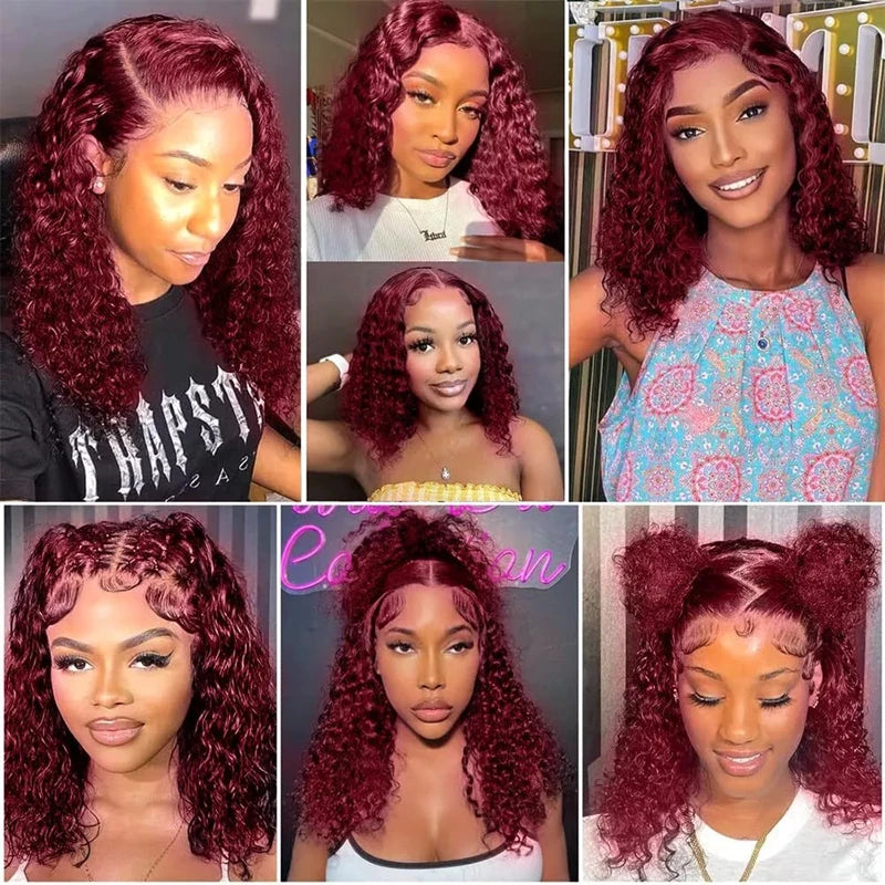 Short Curly Bob Lace Wigs 100% Human Hair 13x4 200% Density Lace Curly Wigs For Women 99J Red Deep Wave Wigs Pre Plucked