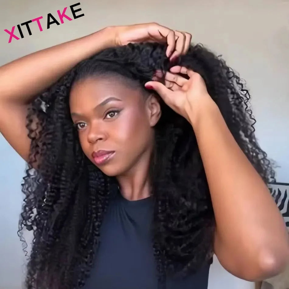 Afro Kinky Curly Half Wigs Glueless Human Hair Upgrade Wear & Go Half Wig With Drawstring Seamless Clip Ins Flip Over Curly wigs