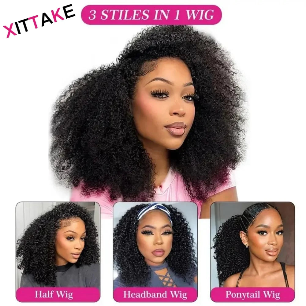 Afro Kinky Curly Half Wigs Glueless Human Hair Upgrade Wear & Go Half Wig With Drawstring Seamless Clip Ins Flip Over Curly wigs