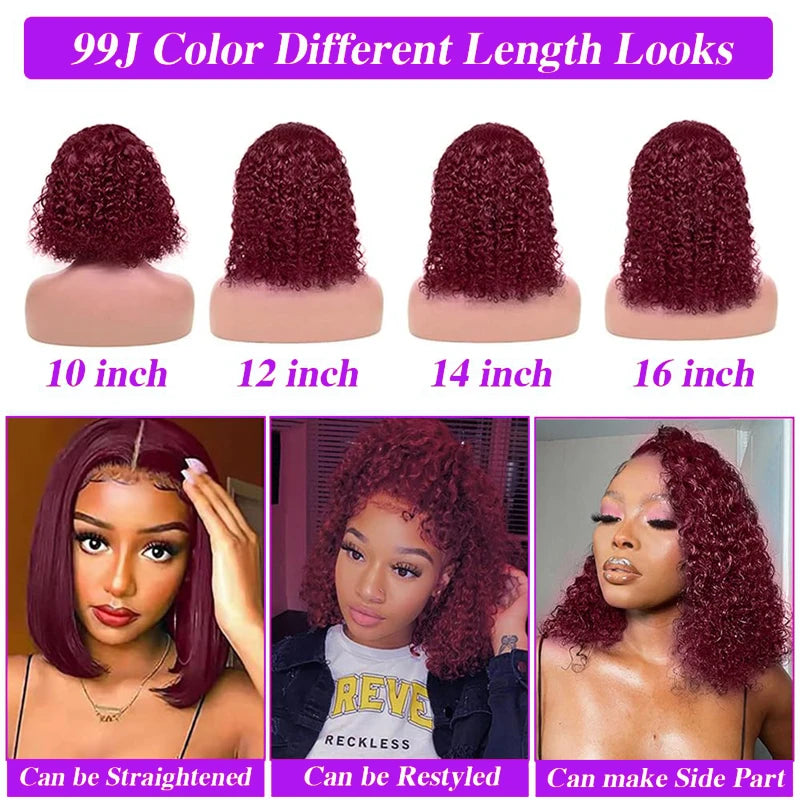 Short Curly Bob Lace Wigs 100% Human Hair 13x4 200% Density Lace Curly Wigs For Women 99J Red Deep Wave Wigs Pre Plucked