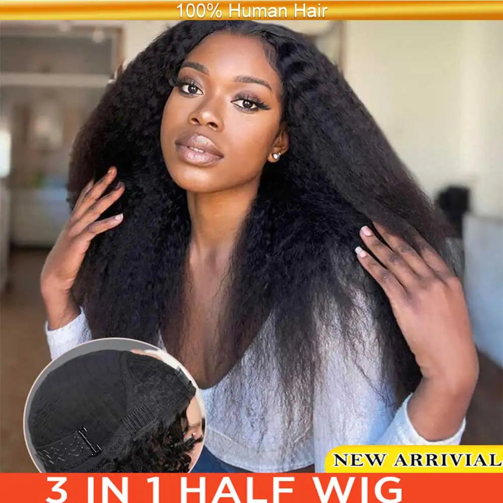 Half Wigs Human Hair Kinky Straight 3 In 1 Human Hair Wig Seamless Flip Over Half Wig Beginner Friendly Curly Wigs for Women