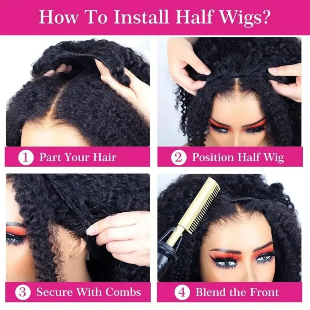 Afro Kinky Curly Half Wigs Glueless Human Hair Upgrade Wear & Go Half Wig With Drawstring Seamless Clip Ins Flip Over Curly wigs