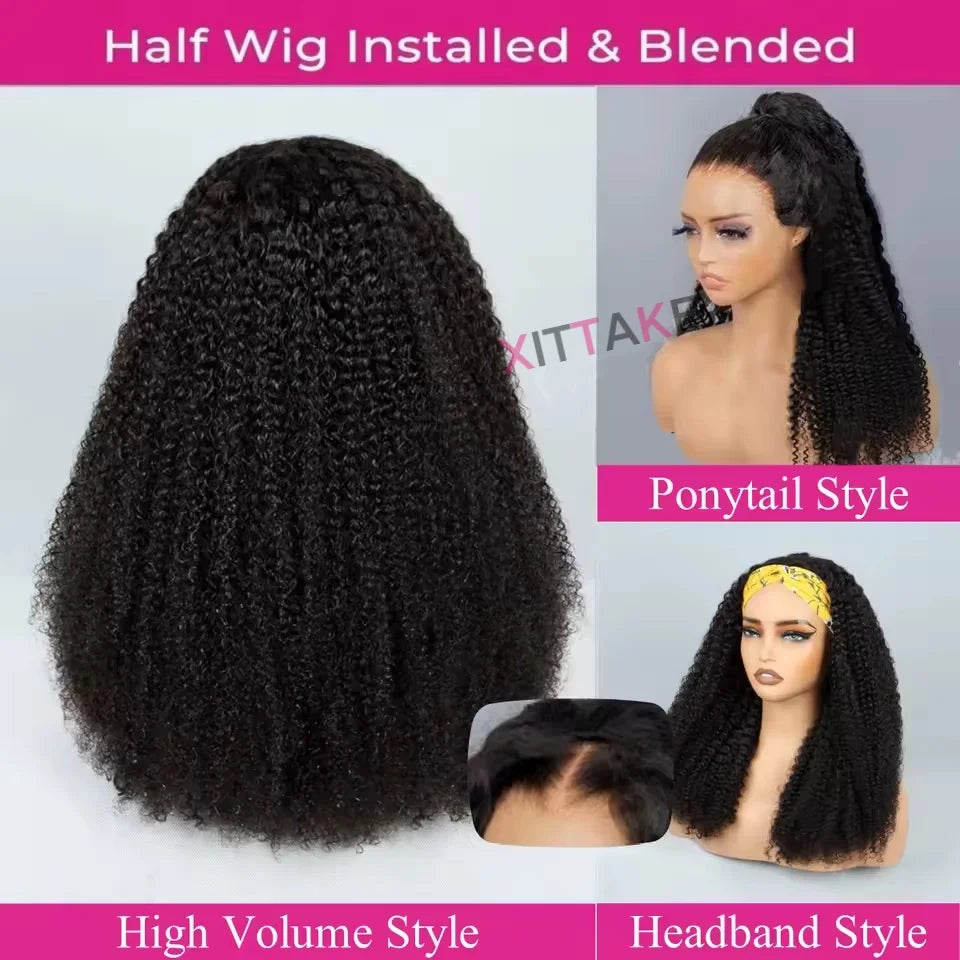 Afro Kinky Curly Half Wigs Glueless Human Hair Upgrade Wear & Go Half Wig With Drawstring Seamless Clip Ins Flip Over Curly wigs
