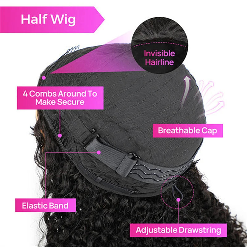 VSHOW Invisible Hairline 3 IN 1 Half Wig Yaki Kinky Straight Flip Over Elastic Drawstring Glueless Human Hair Wig For Beginner