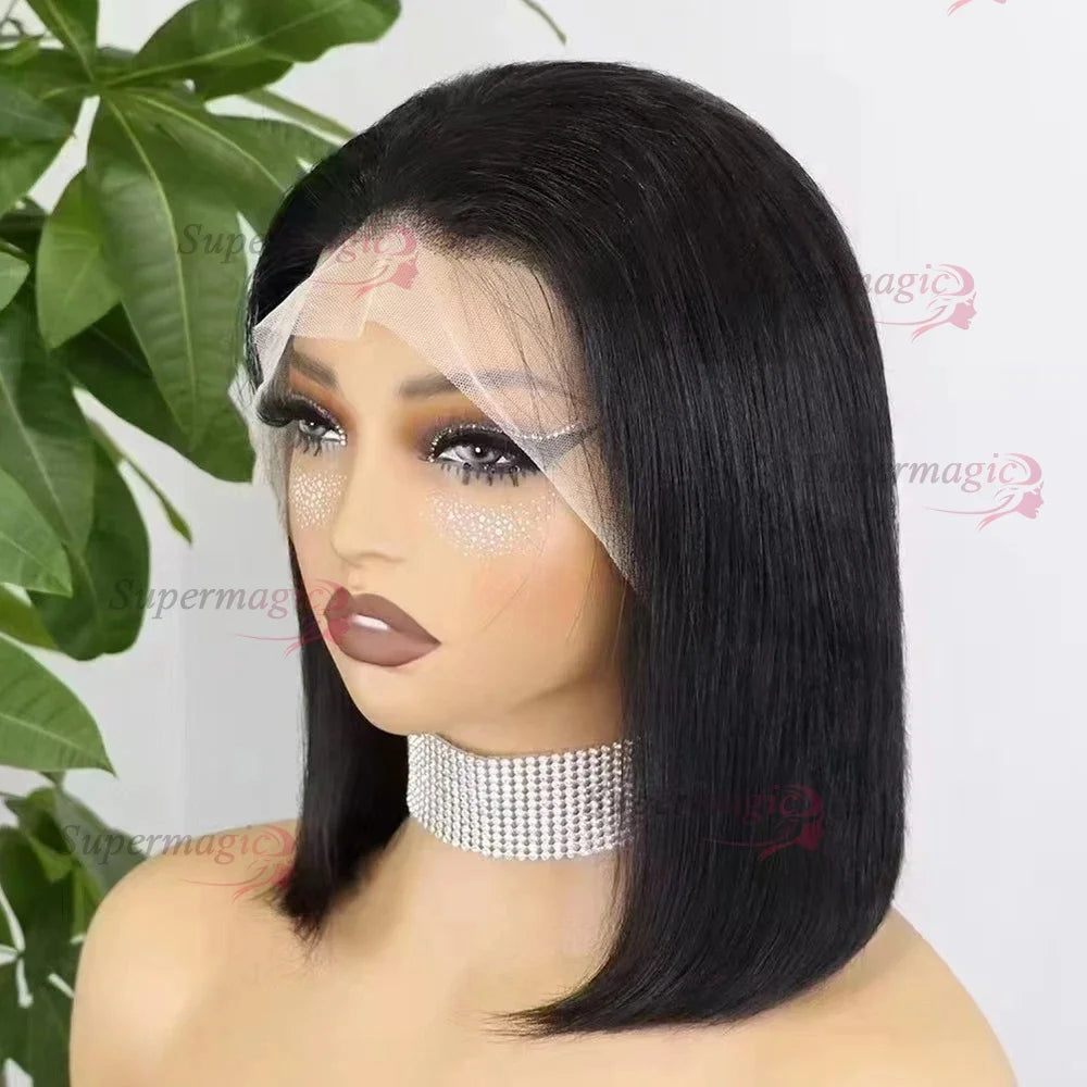 100% Vietnamese Super Double Drawn Bone Straight 13x4 Frontal Bob Wig with Human Hair Natural Black 300% Density For Black Women