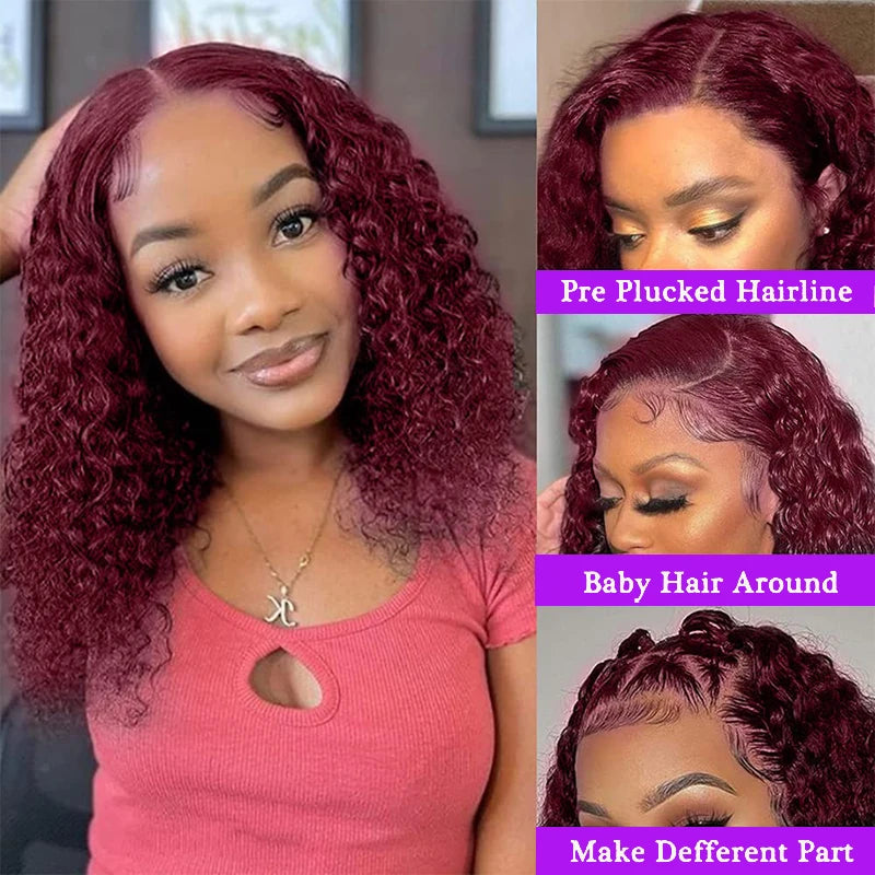 Short Curly Bob Lace Wigs 100% Human Hair 13x4 200% Density Lace Curly Wigs For Women 99J Red Deep Wave Wigs Pre Plucked
