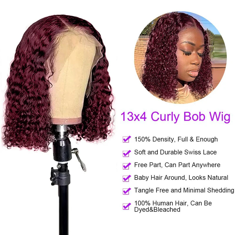 Short Curly Bob Lace Wigs 100% Human Hair 13x4 200% Density Lace Curly Wigs For Women 99J Red Deep Wave Wigs Pre Plucked