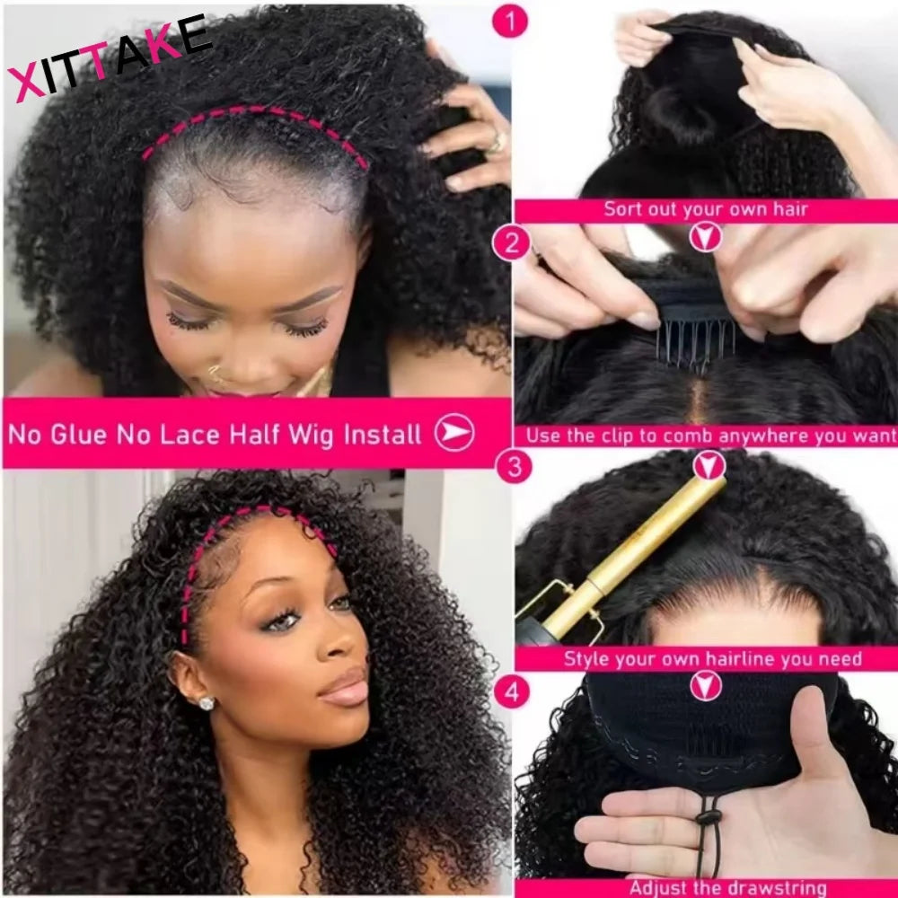 Afro Kinky Curly Half Wigs Glueless Human Hair Upgrade Wear & Go Half Wig With Drawstring Seamless Clip Ins Flip Over Curly wigs