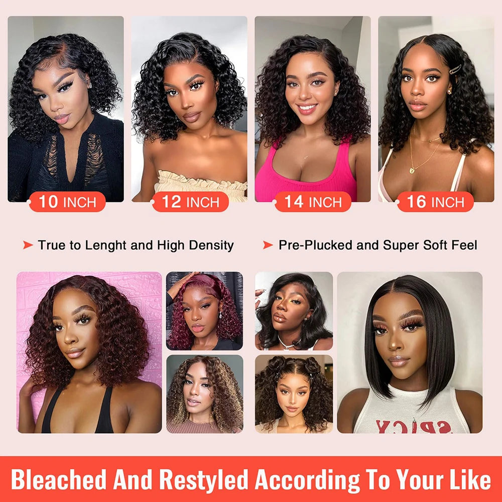 Deep Curly Bob Wig 13x4 HD Lace Frontal Wig Pre Plucked 100% Human Hair Short Bob Wig 4x4 2x6 HD Lace Closure Wig 200% Density