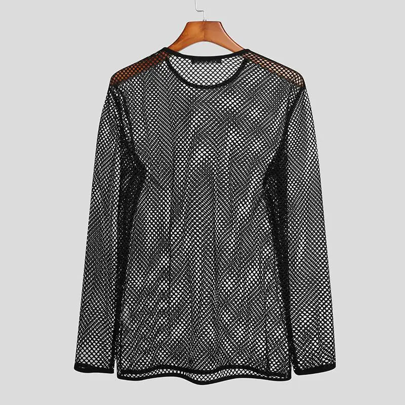 INCERUN 2024 Men T Shirt Mesh Transparent O-neck Long Sleeve T-shirts Sexy Streetwear Fashion Party Nightclub Men Clothing S-5XL