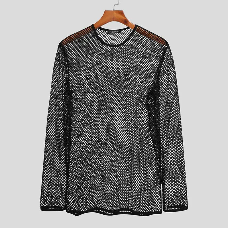INCERUN 2024 Men T Shirt Mesh Transparent O-neck Long Sleeve T-shirts Sexy Streetwear Fashion Party Nightclub Men Clothing S-5XL