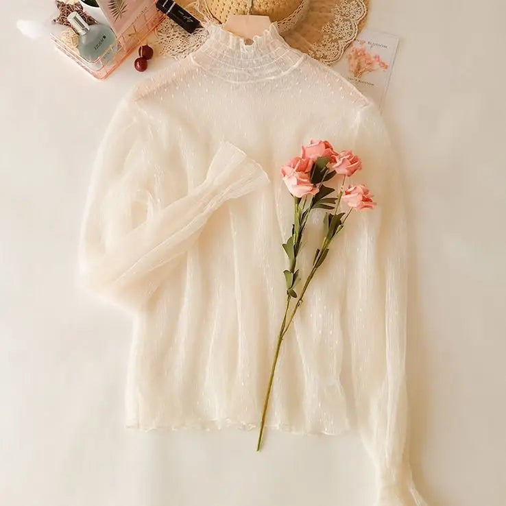 Women Sexy Mesh See Through T Shirt  Long Bell Sleeve Hollow Out Blouse Summer Transparent Sheer High Neck Bottoming Basic Tee