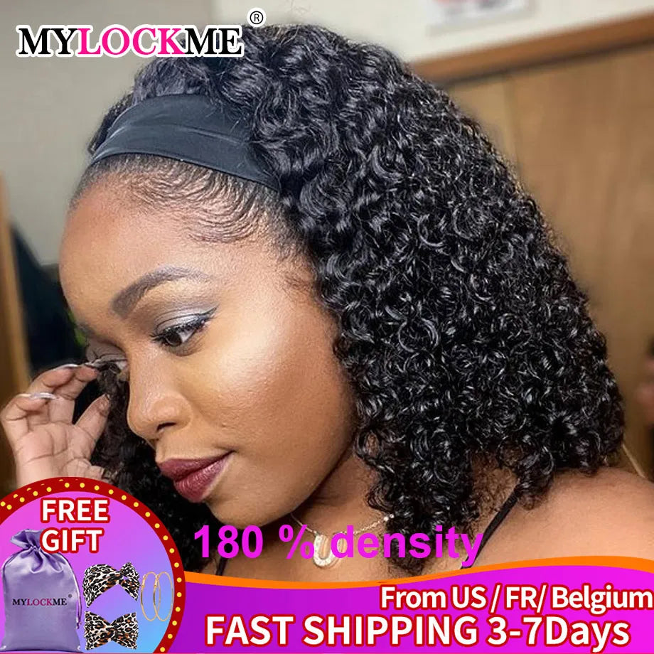 Headband Wig Human Hair Kinky Curly MYLOCKME No Glue Full Machine Made Brazilian Remy Human Hair Wigs For Women 180% Density