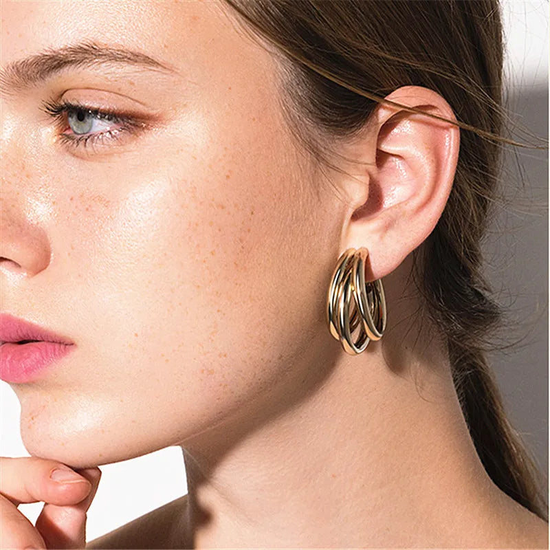 Gold Color Smooth Three Circles Hoop Earrings Exaggerated Thick Tube Round Ear Simple Women Fashion Jewelry Hiphop Rock
