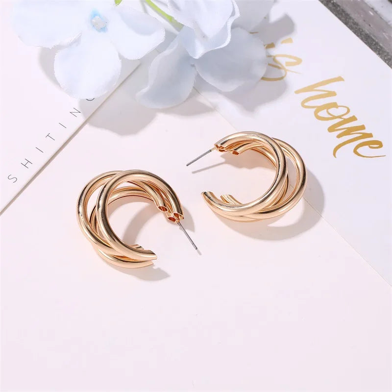Gold Color Smooth Three Circles Hoop Earrings Exaggerated Thick Tube Round Ear Simple Women Fashion Jewelry Hiphop Rock