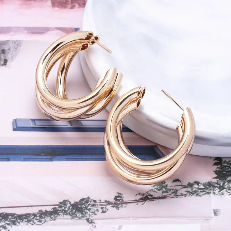 Gold Color Smooth Three Circles Hoop Earrings Exaggerated Thick Tube Round Ear Simple Women Fashion Jewelry Hiphop Rock