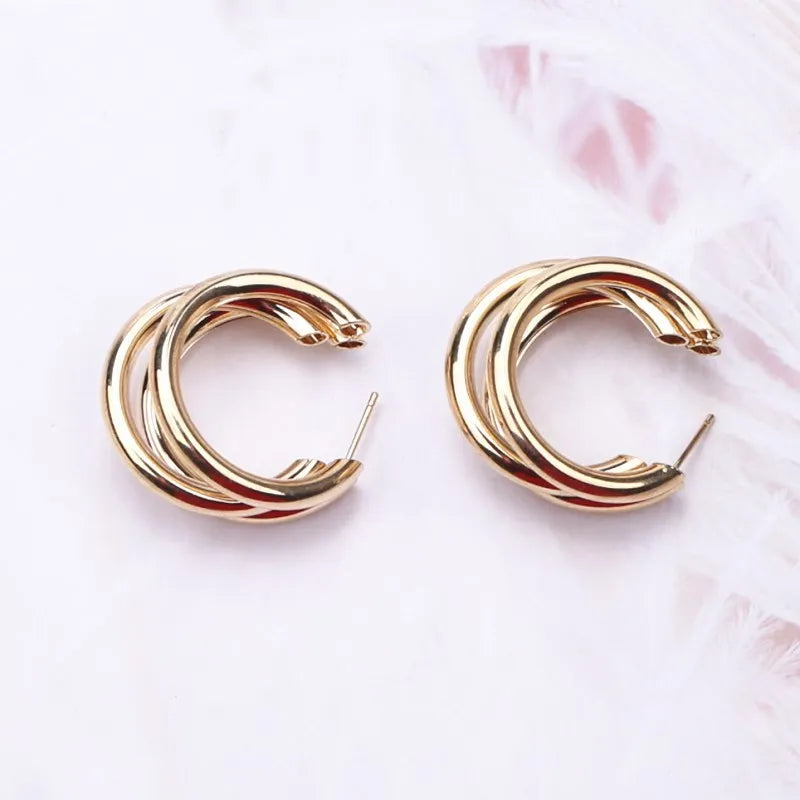Gold Color Smooth Three Circles Hoop Earrings Exaggerated Thick Tube Round Ear Simple Women Fashion Jewelry Hiphop Rock