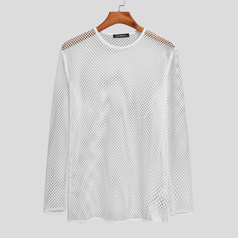 INCERUN 2024 Men T Shirt Mesh Transparent O-neck Long Sleeve T-shirts Sexy Streetwear Fashion Party Nightclub Men Clothing S-5XL