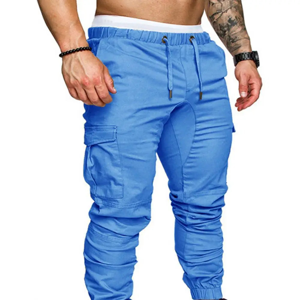 Dropshipping!New Fashion Men Jogger Pants Casual Solid Color Pockets Waist Drawstring Ankle Tied Skinny Cargo Pants Size XS-4XL