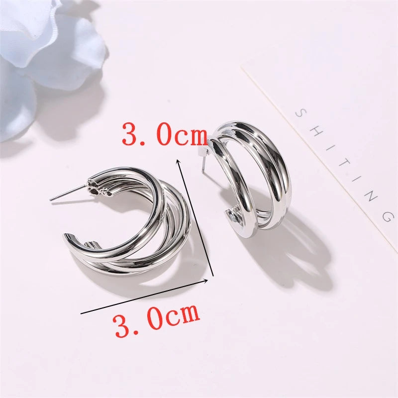 Gold Color Smooth Three Circles Hoop Earrings Exaggerated Thick Tube Round Ear Simple Women Fashion Jewelry Hiphop Rock