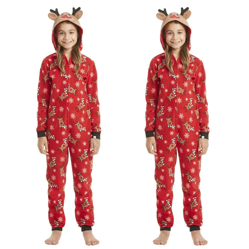 Christmas Family Matching Onesie Elk Print Cute Soft Jumpsuit Mom Dad Kids Clothing Sets Hooded Zipper Overall Xmas Look Pyjamas