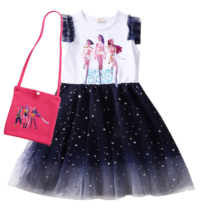 KPop Demon Hunters Clothes Kids Short Sleeve Casual Dress Baby Girls Lace Dress with Small Bag Children Wedding Party Vestidos