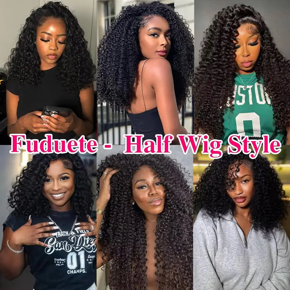 Half Wigs Human Hair Kinky Straight 3 In 1 Human Hair Wig Seamless Flip Over Half Wig Beginner Friendly Curly Wigs for Women