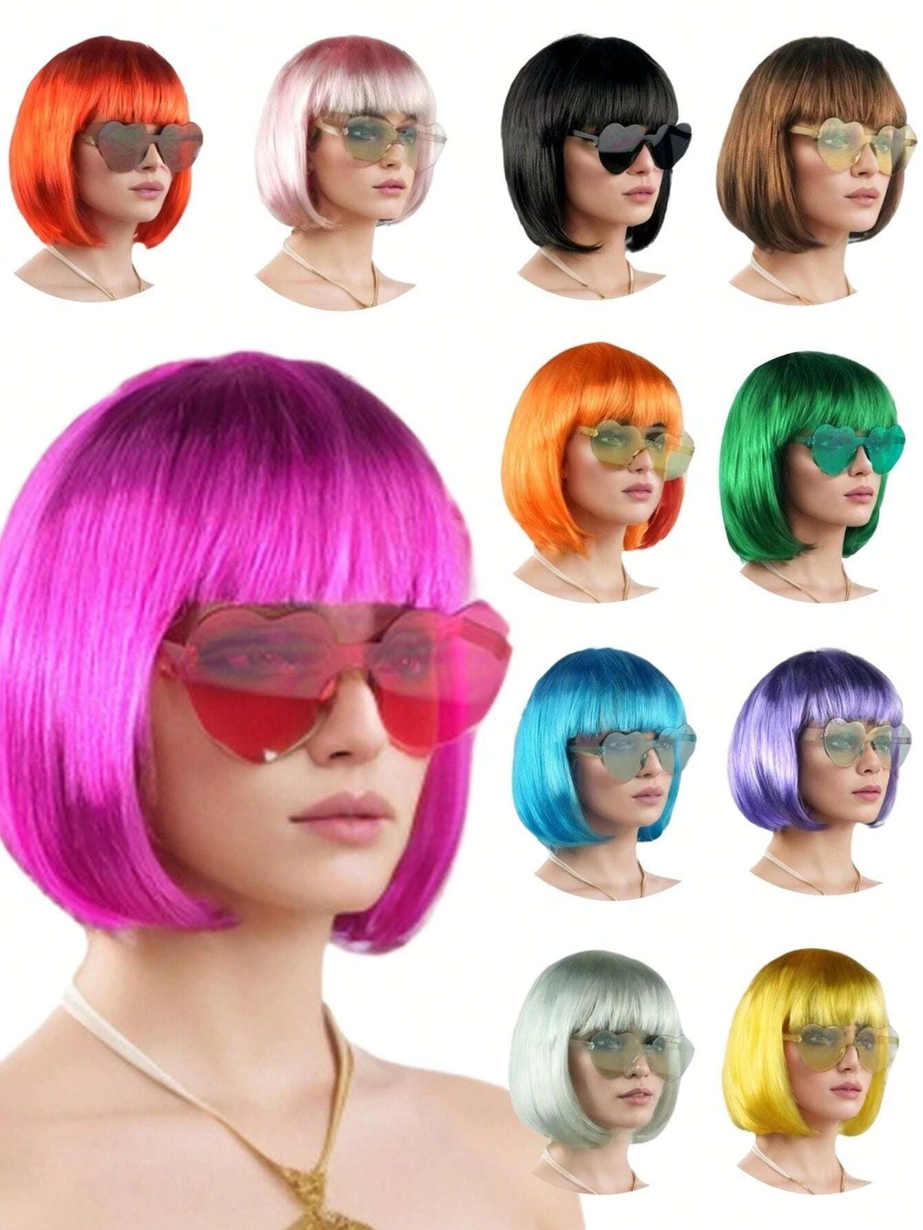 Halloween Party Prop Colorful Short Straight Bobo Wig, Funny & Novelty, With Free Frameless Heart-Shaped Sunglasses