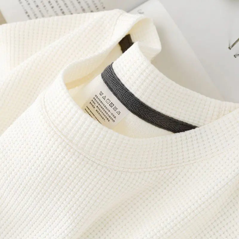 Waffle Short Sleeved T-shirt for Men and Women Summer Japanese Round Neck Half Sleeved Top Loose Casual Solid Color T-shirt