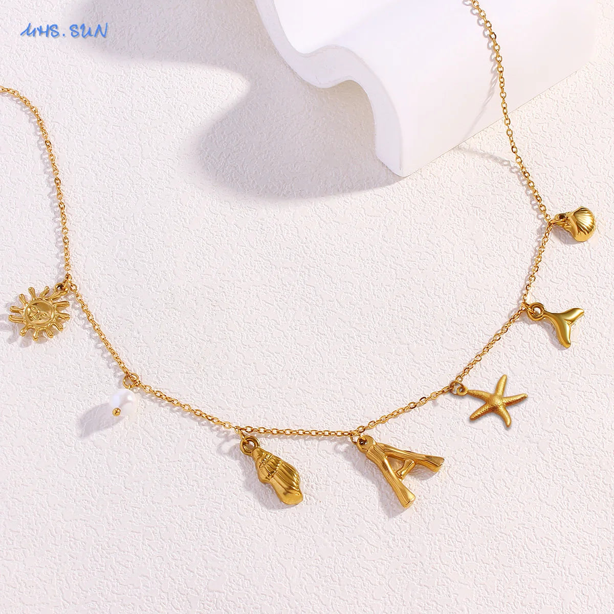 MHS.SUN Starfish Shell Initial Necklace Waterproof 18K Gold Plated Stainless Steel Charm Necklaces Surfer Girl Summer Beach Gift