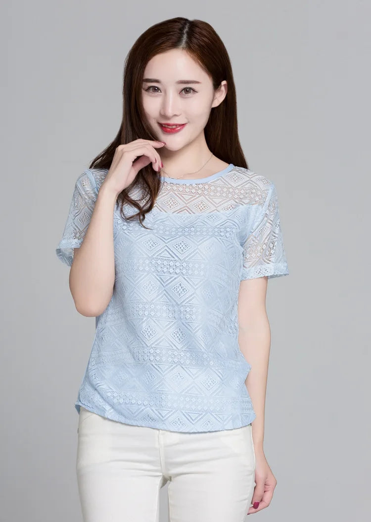 1pcs Summer Women Lace T-Shirt Lady Short-Sleeve Round-Neck tShirt Female Sexy Slim Fit  Tee Girl Chiffon Shirt Fashion Pullover