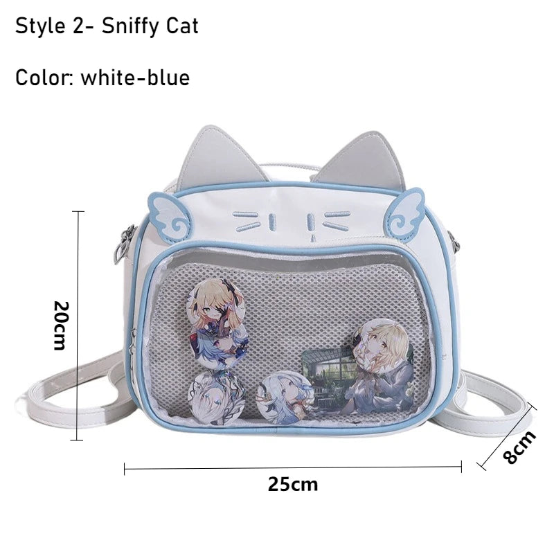 Women's Fashion Backpacks Y2K Korean Japan Kawaii Cat Ita Bag PU Cute Girls Transparent Pocket Aesthetic Shoulder Crossbody Bags