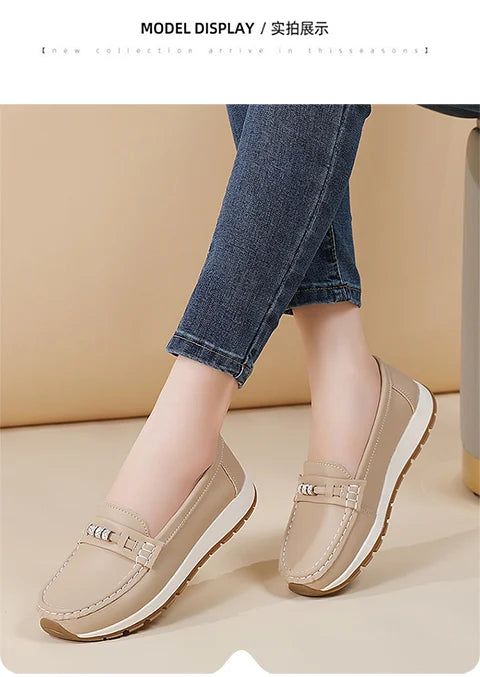 Women's casual flat shoes, 100 genuine leather shoes, lightweight spring and summer loafers, walking mom shoes