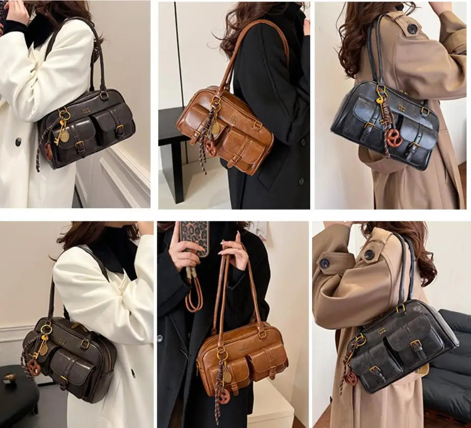 Women's Coffee Brown Multi-Pocket Handbag Shoulder Bag, Stylish Versatile Letter Crossbody Purse for Travel Work Shopping Dates