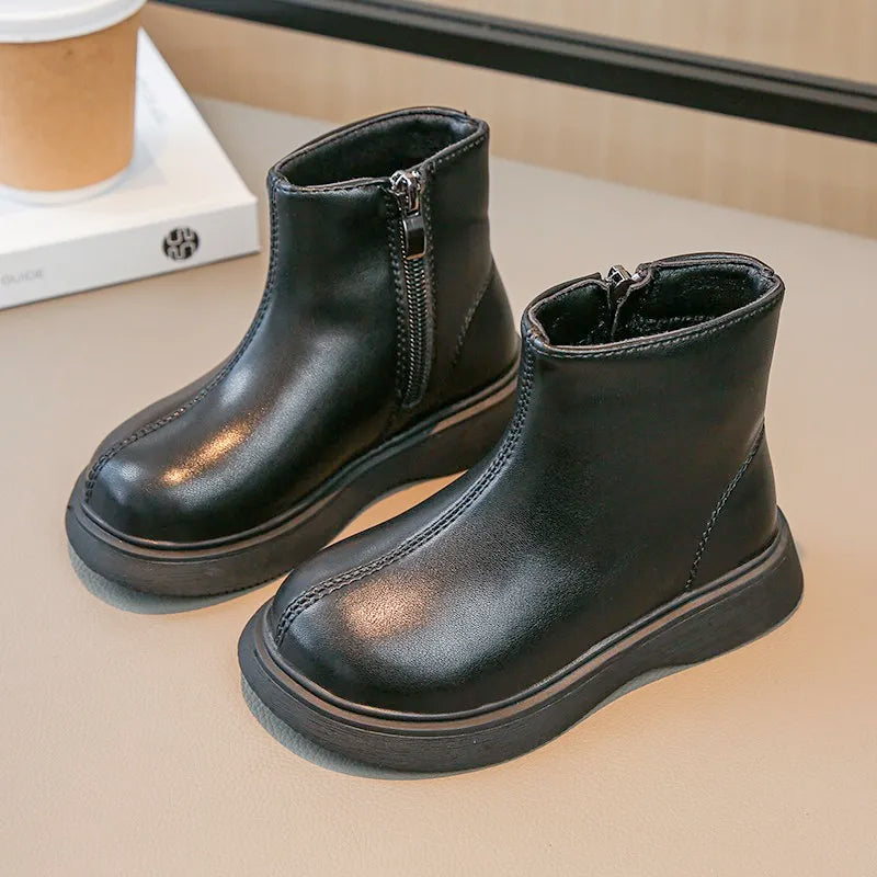 Children Fashion Boots Simple Girls Ankle Boot Black Kids Short Leather Boots Side Zipper Thick Bottom Autumn Winter 2024 New