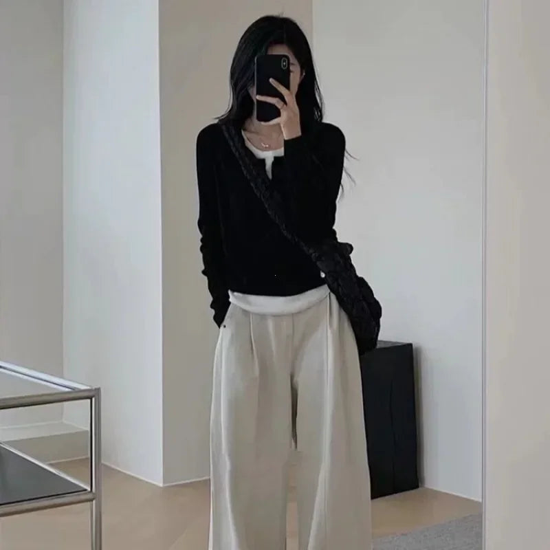 Y2k Black Fake Two Pieces Long Sleeves Shirt Women Autumn Irregular Patchwork Tops Slim-fit Bottom Knit Shirts Aesthetic Clothes