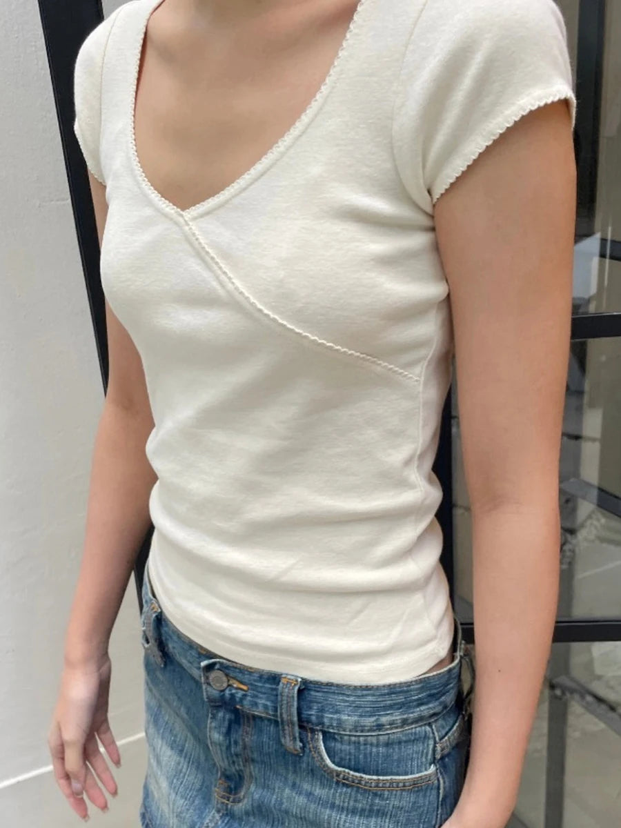 Stitching Solid Vintage Slim T-Shirt Summer V Neck Streetwear Cotton Top 2023 Femme Sweet Cute Y2k Simple Tee Tops Woman Clothes