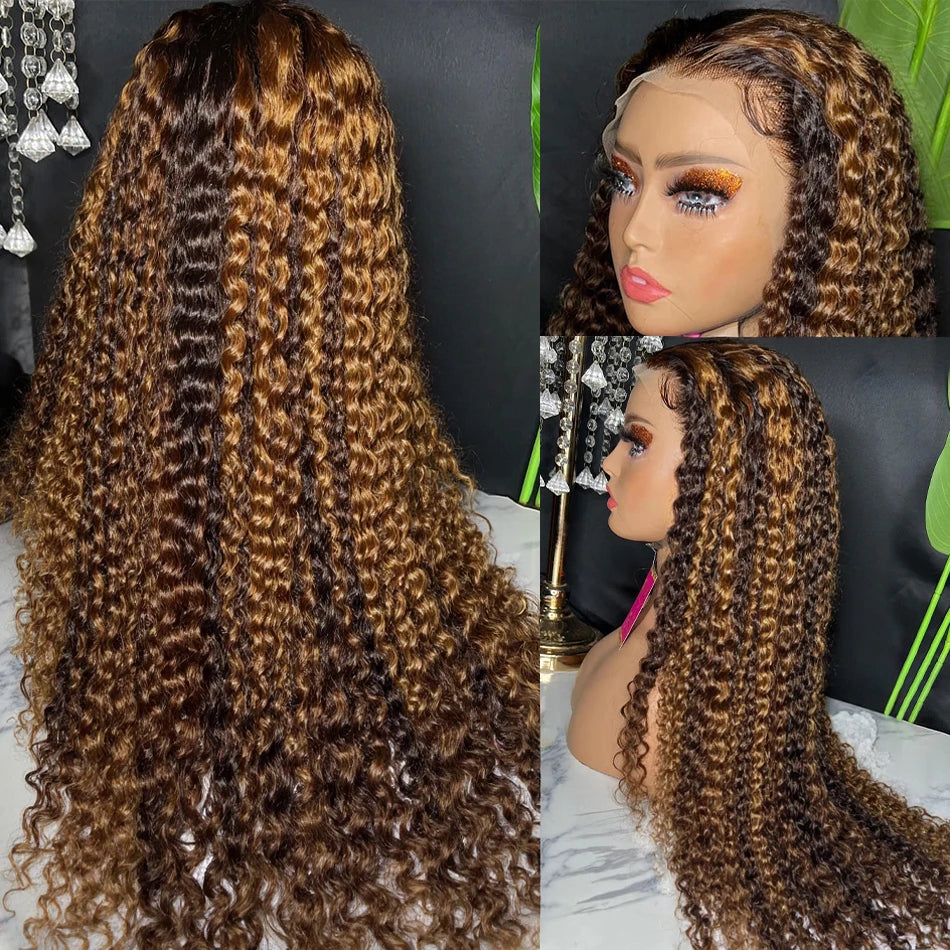 Curly Colored Highlight Wigs Human Hair Deep Wave 13x6 Hd Lace Frontal Wig 18 36Inch 4/27 Ombre Brown Blonde Lace Front Wigs