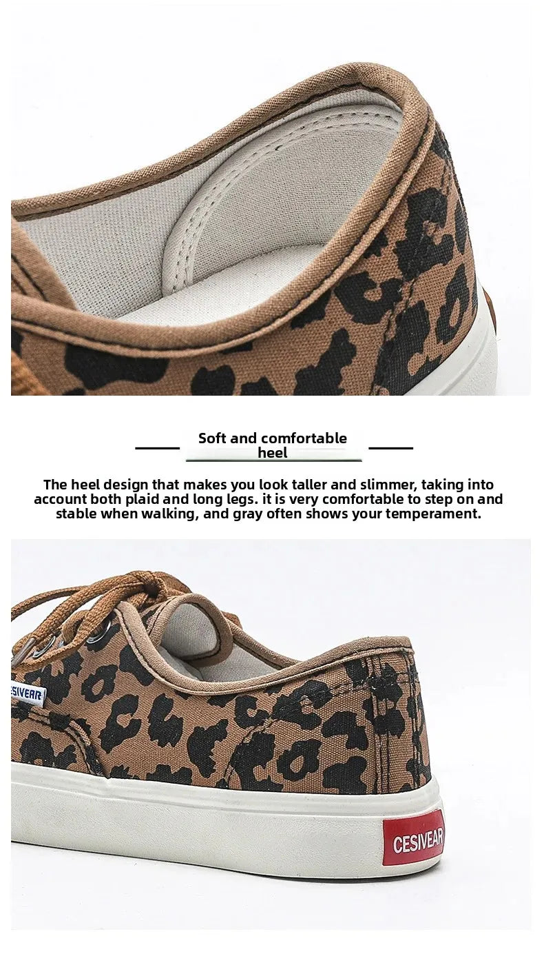 Retro Fashionable Canvas Shoes for Women Student Sports Casual Leopard Print Slip-On Sneakers Comfortable Cotton Lined Shoes