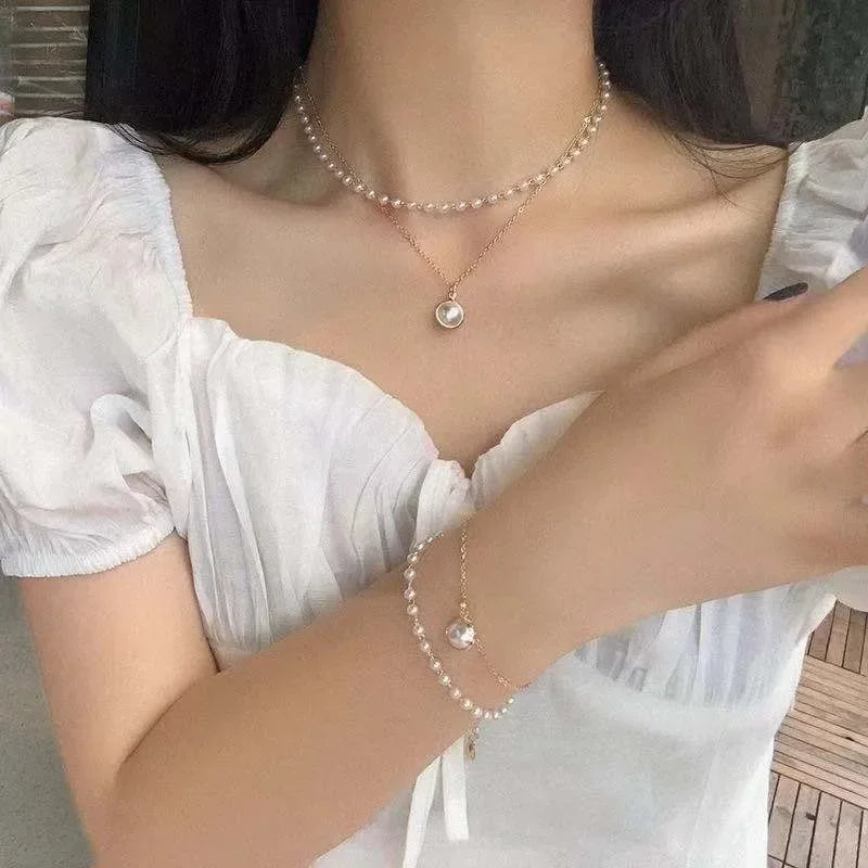 2025 New Women's Pearl Necklace Kpop Gold Color Beads Pendant Necklaces Goth Double Layer Chain Choker for Women Fashion Jewelry