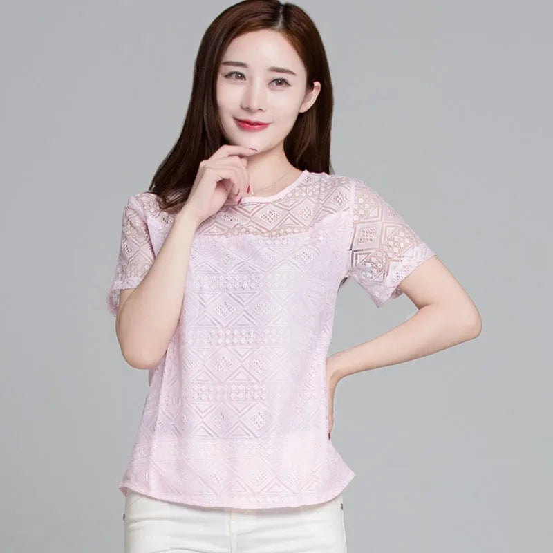1pcs Summer Women Lace T-Shirt Lady Short-Sleeve Round-Neck tShirt Female Sexy Slim Fit  Tee Girl Chiffon Shirt Fashion Pullover